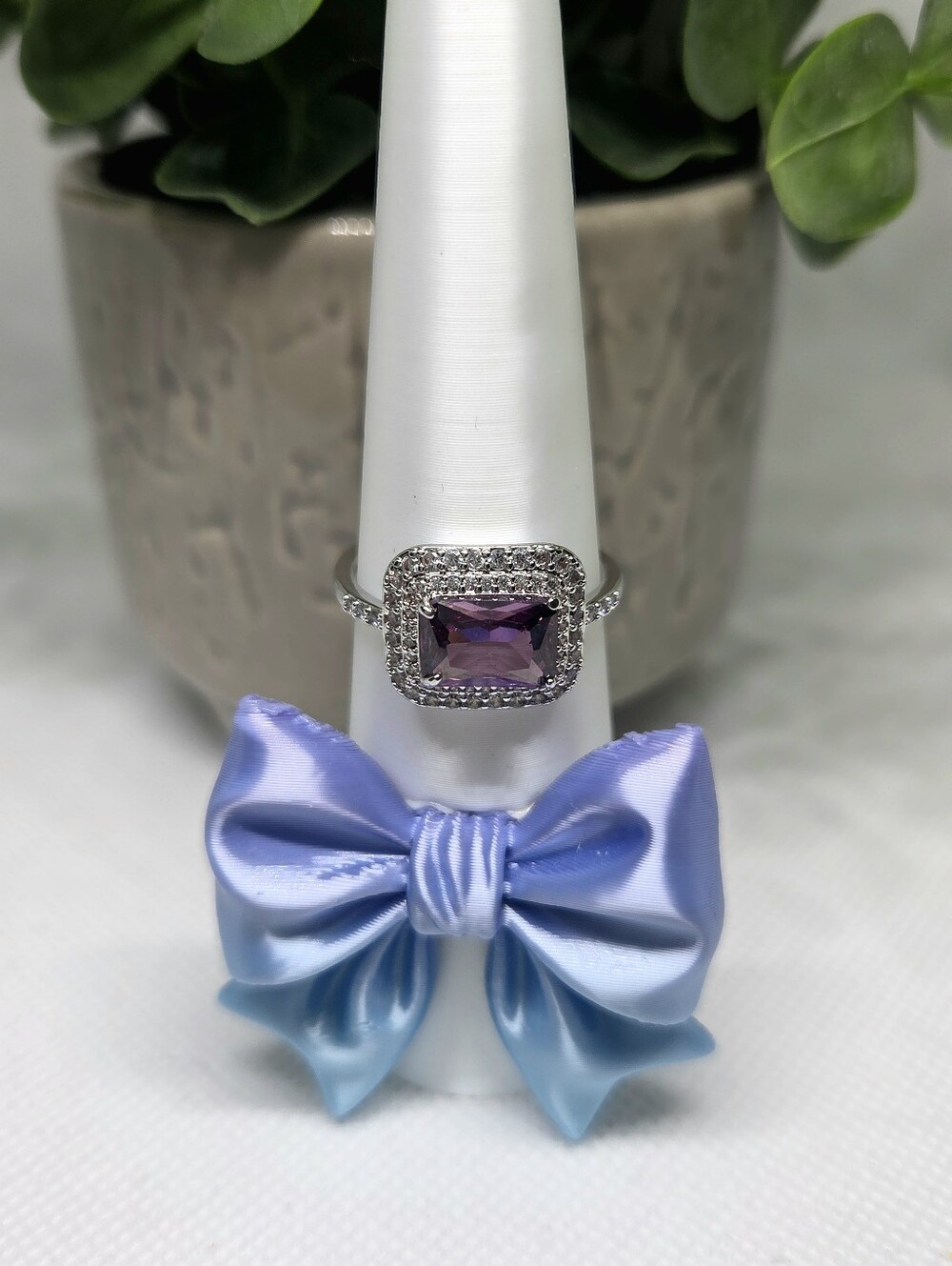 BP Elegant Ring with Sparkling Purple Stone and Pavé Halo On Rhodium Plating